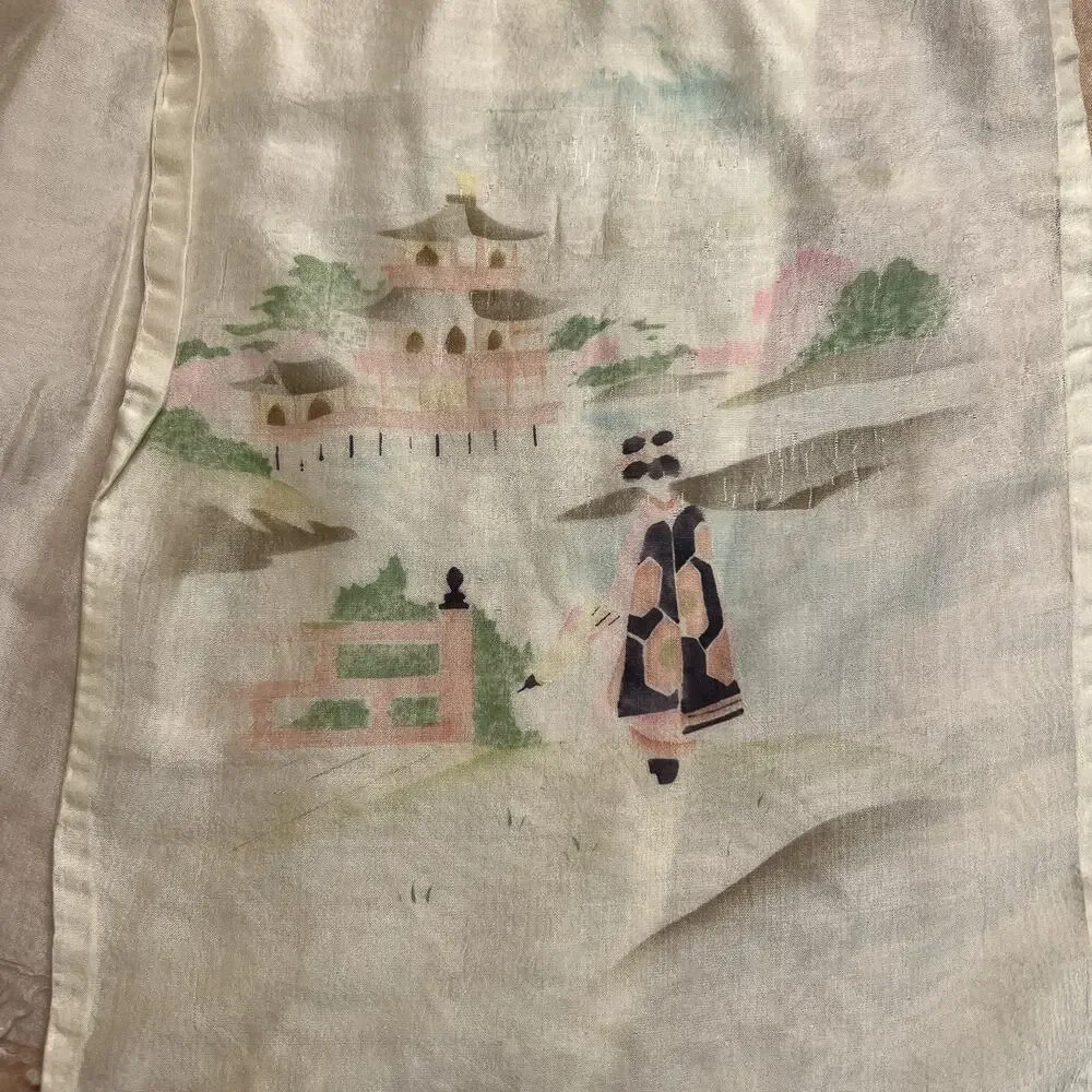 Vintage 40s Japanese Painted Geisha Kimono Garden Pagoda Scarf Multicolor Fringe